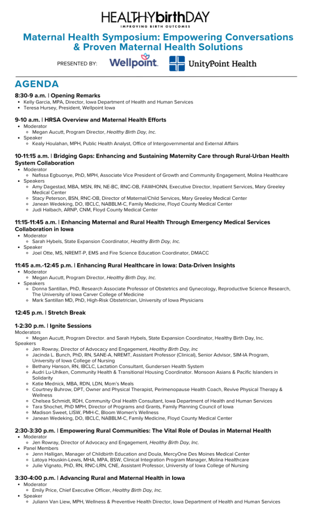 Agenda for 2024 Maternal Health Symposium hosted by Healthy Birth Day, Inc.